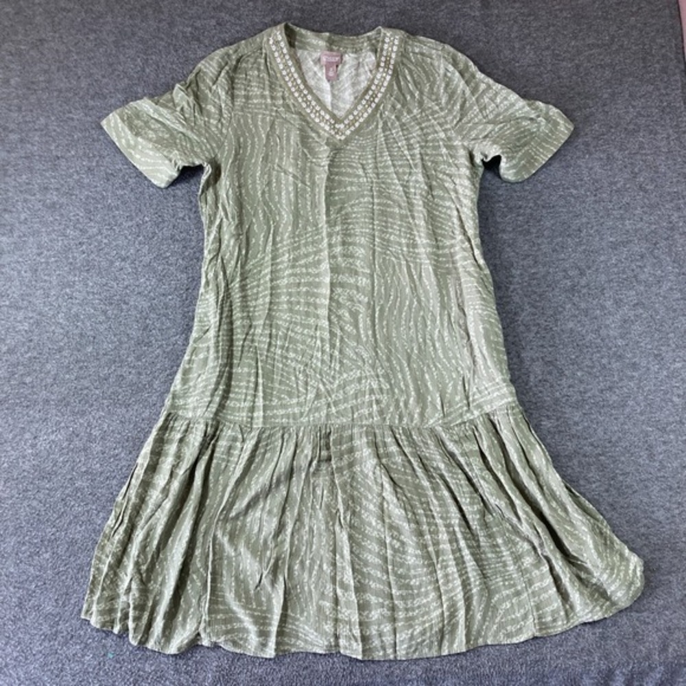 Chico's Olive Green Swirled V-Neck Midi Dress